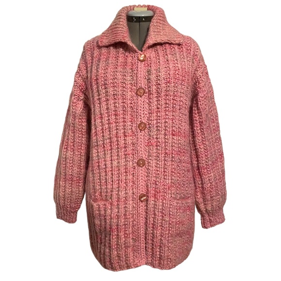 Hand Crafted Sweaters - Hand knit chunky long length cardigan with balloon sleeves L/XL